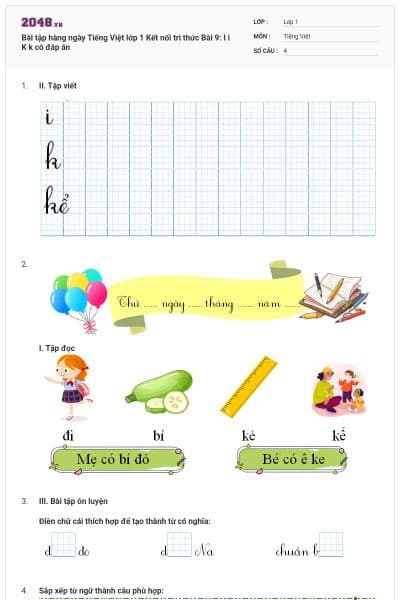 Bài tập hàng ngày Tiếng Việt lớp 1 Kết nối tri thức Bài 9: I i K k có đáp án