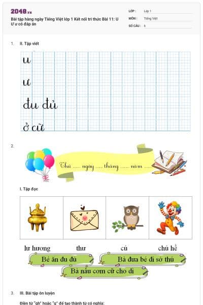 Bài tập hàng ngày Tiếng Việt lớp 1 Kết nối tri thức Bài 11: U  Ư ư có đáp án