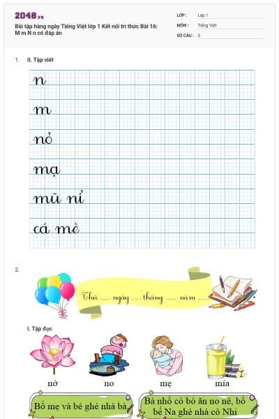 Bài tập hàng ngày Tiếng Việt lớp 1 Kết nối tri thức Bài 16: M m N n có đáp án