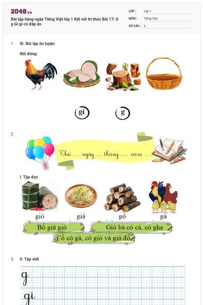 Bài tập hàng ngày Tiếng Việt lớp 1 Kết nối tri thức Bài 17: G g Gi gi có đáp án