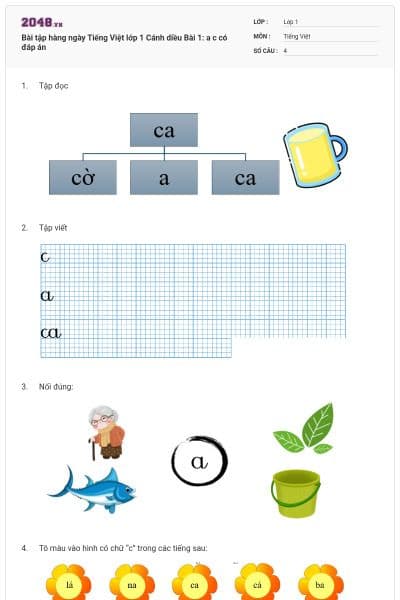 Bài tập hàng ngày Tiếng Việt lớp 1 Cánh diều Bài 1: a c có đáp án