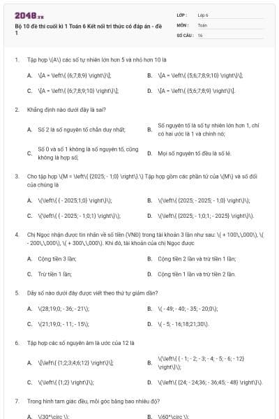 Bộ 10 đề thi cuối kì 1 Toán 6 Kết nối tri thức có đáp án - đề 1