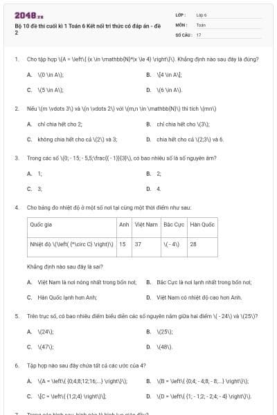 Bộ 10 đề thi cuối kì 1 Toán 6 Kết nối tri thức có đáp án - đề 2