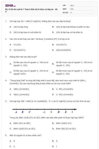 Bộ 10 đề thi cuối kì 1 Toán 6 Kết nối tri thức có đáp án - đề 4
