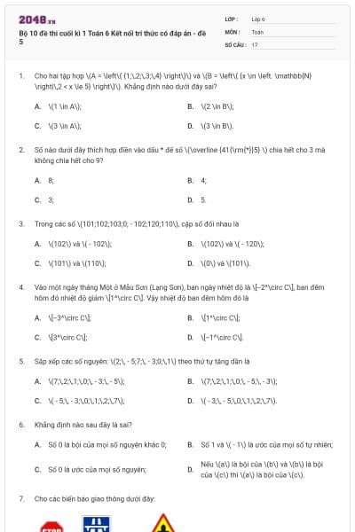 Bộ 10 đề thi cuối kì 1 Toán 6 Kết nối tri thức có đáp án - đề 5