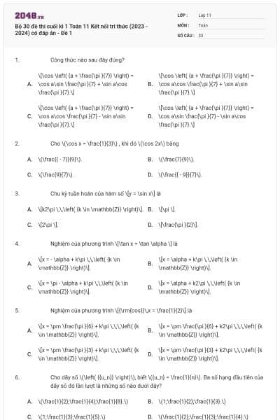 Bộ 30 đề thi cuối kì 1 Toán 11 Kết nối tri thức (2023 - 2024) có đáp án - Đề 1
