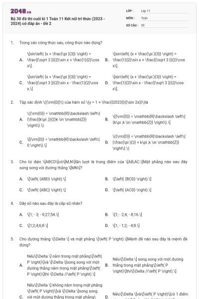 Bộ 30 đề thi cuối kì 1 Toán 11 Kết nối tri thức (2023 - 2024) có đáp án - Đề 2