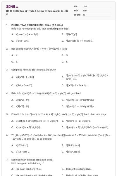 Bộ 10 đề thi Cuối kì 1 Toán 8 Kết nối tri thức có đáp án - Đề 3