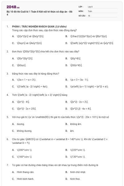 Bộ 10 đề thi Cuối kì 1 Toán 8 Kết nối tri thức có đáp án - Đề 4
