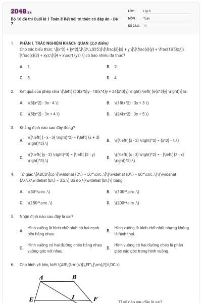 Bộ 10 đề thi Cuối kì 1 Toán 8 Kết nối tri thức có đáp án - Đề 7