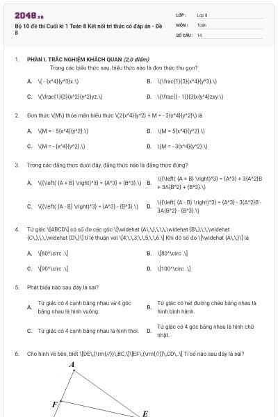 Bộ 10 đề thi Cuối kì 1 Toán 8 Kết nối tri thức có đáp án - Đề 8