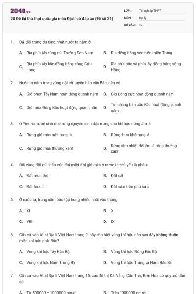 20 Đề thi thử thpt quốc gia môn Địa lí có đáp án (Đề số 21)