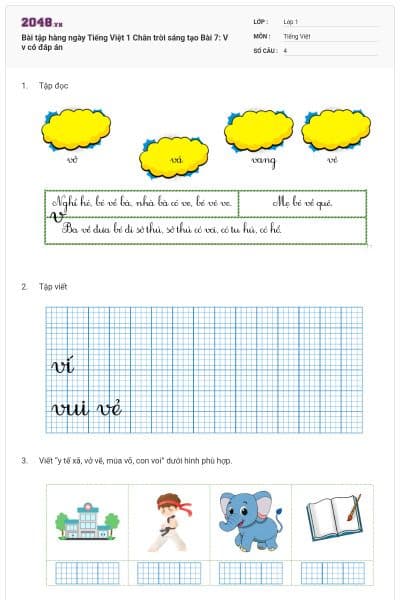 Bài tập hàng ngày Tiếng Việt 1 Chân trời sáng tạo Bài 7: V v có đáp án