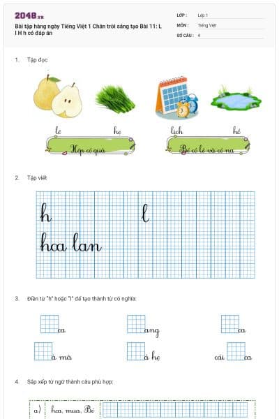 Bài tập hàng ngày Tiếng Việt 1 Chân trời sáng tạo Bài 11: L l H h có đáp án