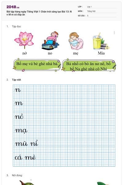 Bài tập hàng ngày Tiếng Việt 1 Chân trời sáng tạo Bài 13: N n M m có đáp án