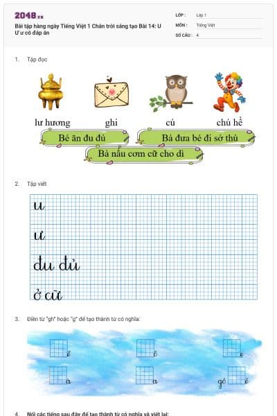 Bài tập hàng ngày Tiếng Việt 1 Chân trời sáng tạo Bài 14: U  Ư ư có đáp án
