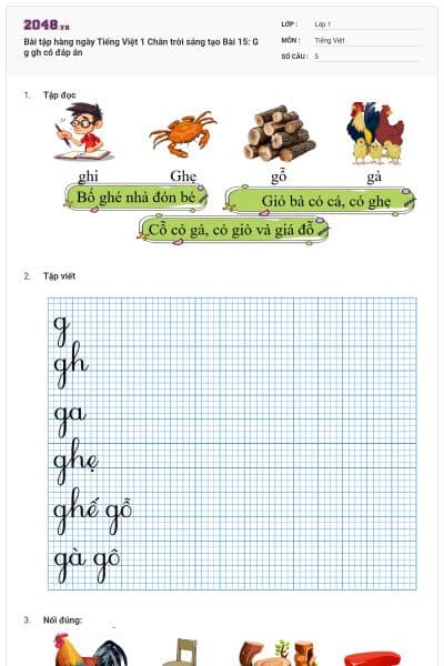 Bài tập hàng ngày Tiếng Việt 1 Chân trời sáng tạo Bài 15: G g gh có đáp án