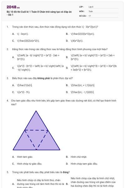Bộ 10 đề thi Cuối kì 1 Toán 8 Chân trời sáng tạo có đáp án - Đề 1