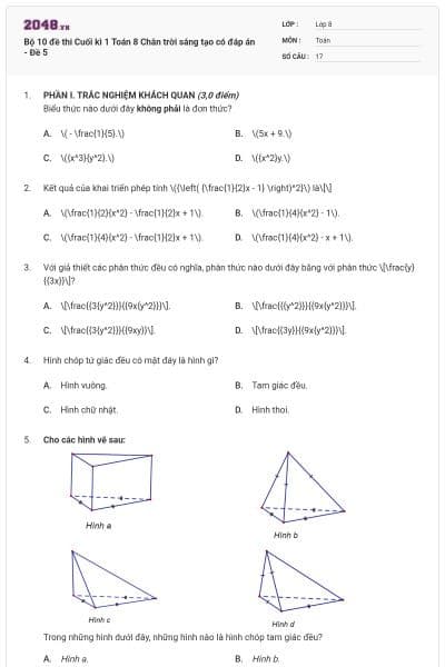Bộ 10 đề thi Cuối kì 1 Toán 8 Chân trời sáng tạo có đáp án - Đề 5