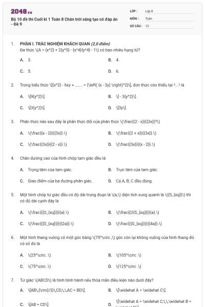 Bộ 10 đề thi Cuối kì 1 Toán 8 Chân trời sáng tạo có đáp án - Đề 9