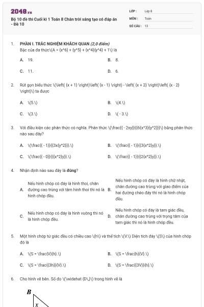 Bộ 10 đề thi Cuối kì 1 Toán 8 Chân trời sáng tạo có đáp án - Đề 10