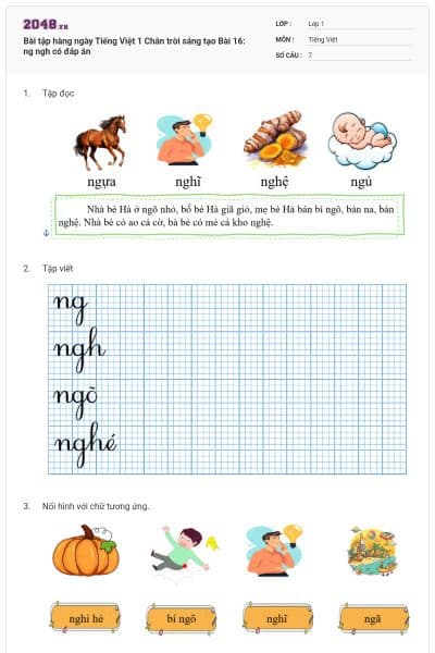 Bài tập hàng ngày Tiếng Việt 1 Chân trời sáng tạo Bài 16: ng ngh có đáp án