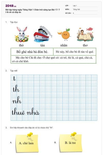 Bài tập hàng ngày Tiếng Việt 1 Chân trời sáng tạo Bài 17: T t th nh có đáp án