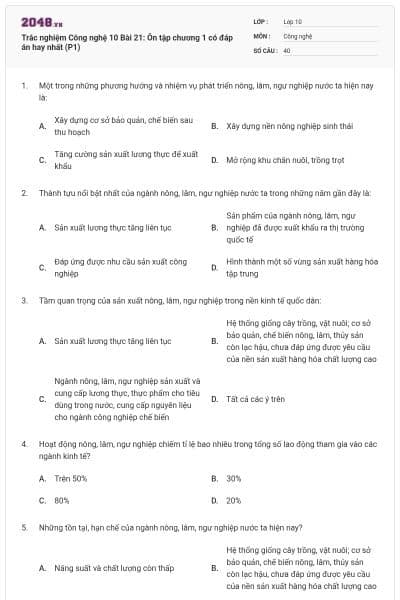 Trắc nghiệm Công nghệ 10 Bài 21: Ôn tập chương 1 có đáp án hay nhất (P1)