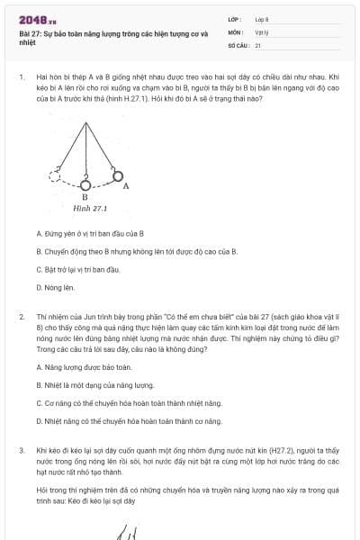 Bài 27: Sự bảo toàn năng lượng trông các hiện tượng cơ và nhiệt