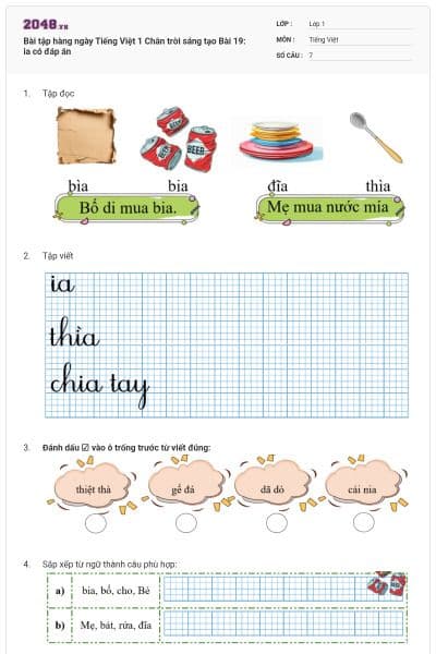 Bài tập hàng ngày Tiếng Việt 1 Chân trời sáng tạo Bài 19: ia có đáp án