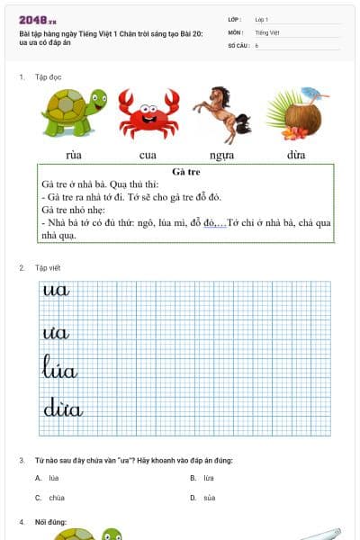 Bài tập hàng ngày Tiếng Việt 1 Chân trời sáng tạo Bài 20: ua ưa có đáp án