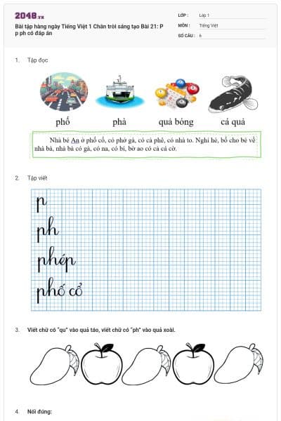 Bài tập hàng ngày Tiếng Việt 1 Chân trời sáng tạo Bài 21: P p ph có đáp án