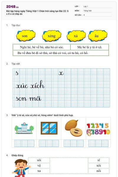 Bài tập hàng ngày Tiếng Việt 1 Chân trời sáng tạo Bài 22: S s X x có đáp án