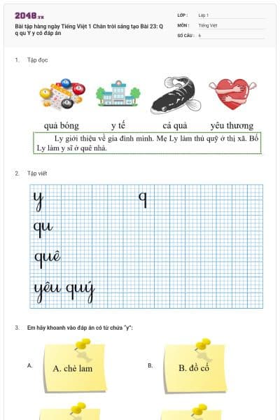 Bài tập hàng ngày Tiếng Việt 1 Chân trời sáng tạo Bài 23: Q q qu Y y có đáp án