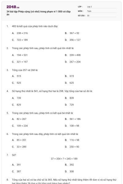 34 bài tập Phép cộng (có nhớ) trong phạm vi 1 000 có đáp án