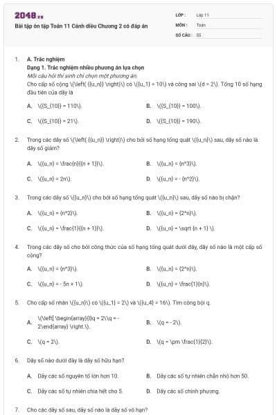 Bài tập ôn tập Toán 11 Cánh diều Chương 2 có đáp án