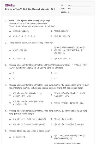 Đề kiểm tra Toán 11 Cánh diều Chương 2 có đáp án - Đề 1