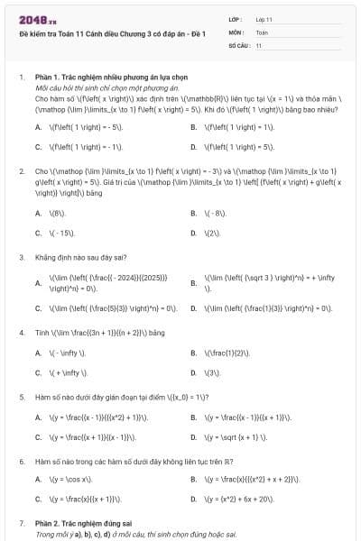 Đề kiểm tra Toán 11 Cánh diều Chương 3 có đáp án - Đề 1