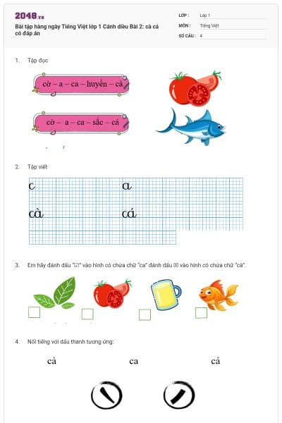 Bài tập hàng ngày Tiếng Việt lớp 1 Cánh diều Bài 2: cà cá có đáp án