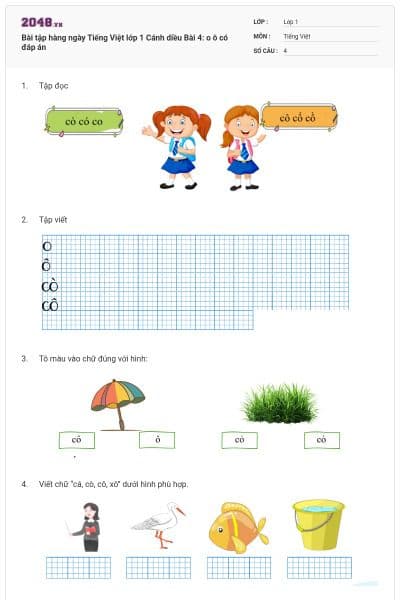 Bài tập hàng ngày Tiếng Việt lớp 1 Cánh diều Bài 4: o ô có đáp án