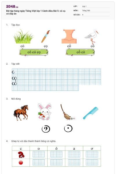 Bài tập hàng ngày Tiếng Việt lớp 1 Cánh diều Bài 5: cỏ cọ có đáp án