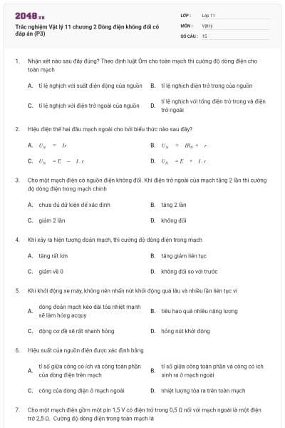 Trắc nghiệm Vật lý 11 chương 2 Dòng điện không đổi có đáp án (P3)