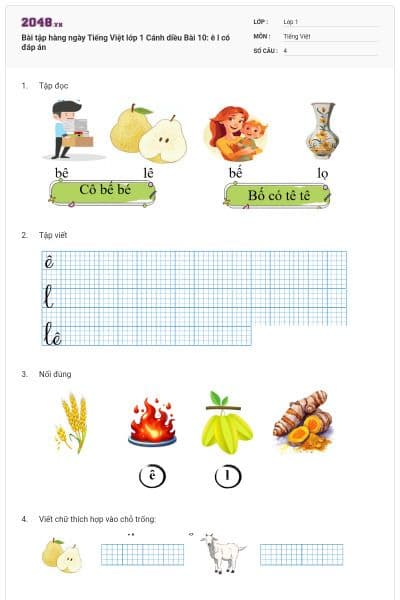 Bài tập hàng ngày Tiếng Việt lớp 1 Cánh diều Bài 10: ê l có đáp án