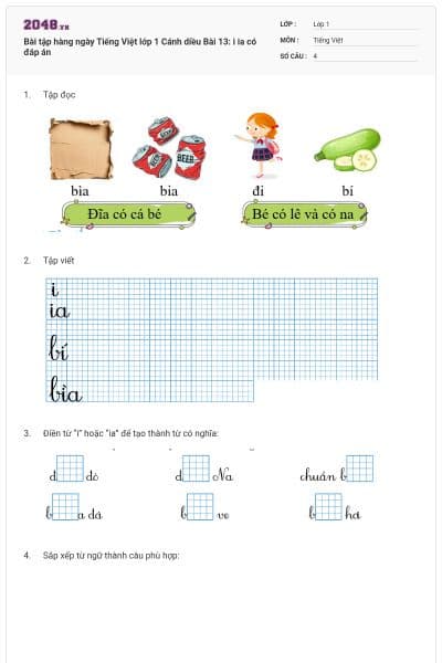 Bài tập hàng ngày Tiếng Việt lớp 1 Cánh diều Bài 13: i ia có đáp án