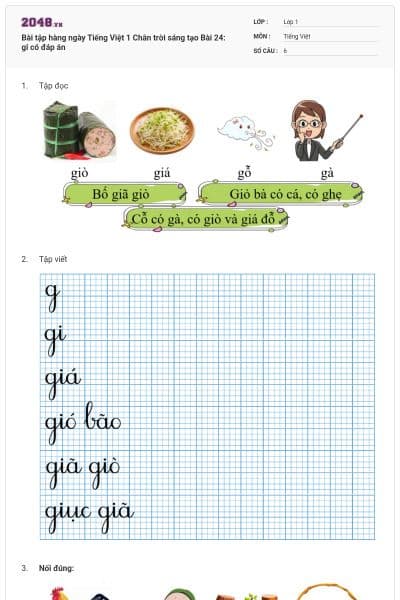 Bài tập hàng ngày Tiếng Việt 1 Chân trời sáng tạo Bài 24: gi có đáp án