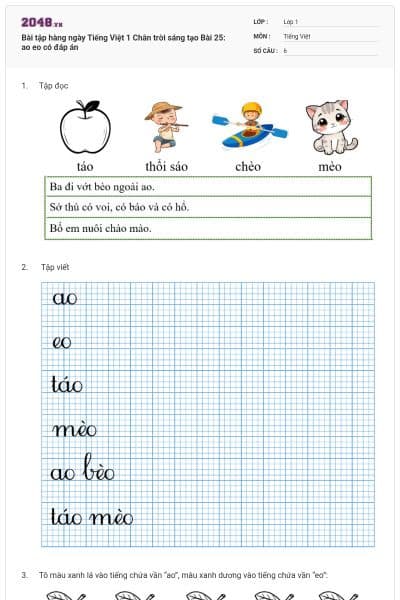 Bài tập hàng ngày Tiếng Việt 1 Chân trời sáng tạo Bài 25: ao eo có đáp án