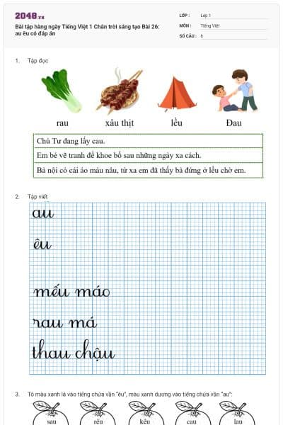 Bài tập hàng ngày Tiếng Việt 1 Chân trời sáng tạo Bài 26: au êu có đáp án