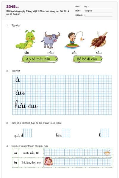 Bài tập hàng ngày Tiếng Việt 1 Chân trời sáng tạo Bài 27: â âu có đáp án