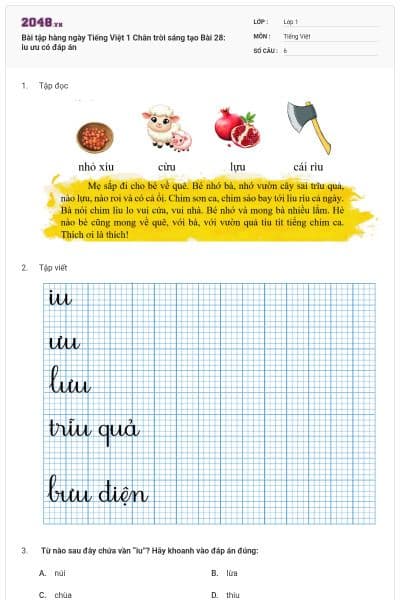 Bài tập hàng ngày Tiếng Việt 1 Chân trời sáng tạo Bài 28: iu ưu có đáp án