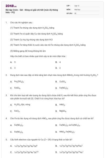 Bài tập Crom - Sắt - Đồng có giải chi tiết (mức độ thông hiểu - P2)
